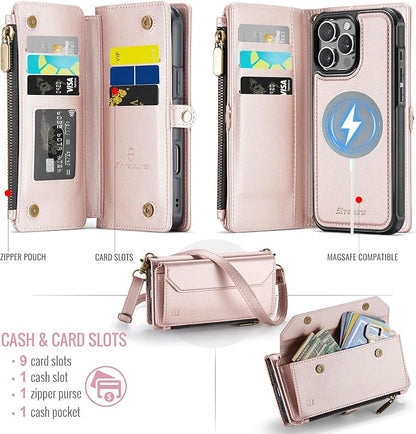 Strapurs for iPhone 16 Pro Detachable Wallet Case Compatible with Magsafe, RFID Blocking 9-Card Holder Zipper Wrist Strap Lanyard PU Leather Magnetic Phone Case for iPhone 16 Pro 6.3", Rose Gold