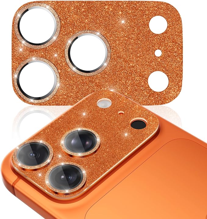 imluckies Compatible with iPhone 17 Pro Max Camera Lens Protector Bling, Ultra HD Tempered Glass Shiny Diamond Camera Plate Sparkle Screen Protection, 9H Anti-Scratch & Easy Install, Glitter Orange