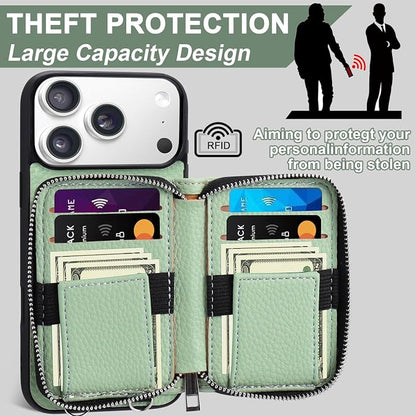 XANGNIER Wallet Case for iPhone 17 Pro with Strap, RFID Blocking PU Leather Crossbody Phone Purse with Card Holder, Zipper Pocket, Wrist Strap & Adjustable Lanyard for Women 6.3" 5G,Green