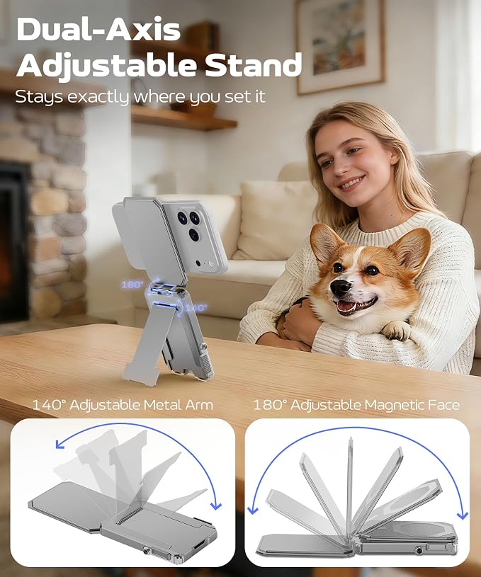 GolbinBox for MagSafe Wallet with Stand, Magnetic Phone Card Holder for Men, Holds 4 Cards with RFID Blocking, Slide-Open Metal Cover, Built-in Kickstand for iPhone 17/16/15/14/13/12 Series, Gray