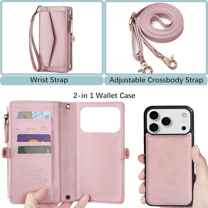 Compatible with iPhone 17 Pro 6.3" Wallet Case with RFID Blocking Card Holder for Women, PU Leather Flip Zipper Wallet Detachable Magnetic Phone Case Crossbody Strap, Pink