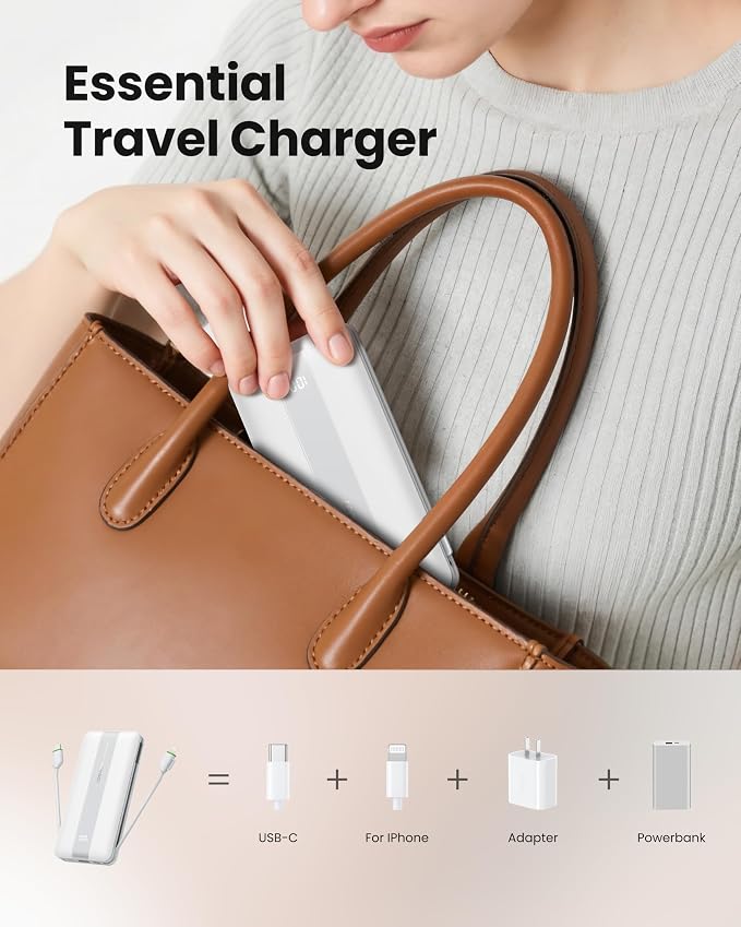 Fast Charging Power Bank, USB C Portable Charger Built-in Cables and Wall Plug, 10500mAh 22.5W 4 Outputs 3 Inputs LED Display External Battery Pack Compatible with iPhone/Android (White)