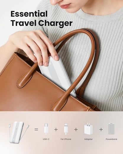 Fast Charging Power Bank, USB C Portable Charger Built-in Cables and Wall Plug, 10500mAh 22.5W 4 Outputs 3 Inputs LED Display External Battery Pack Compatible with iPhone/Android (White)