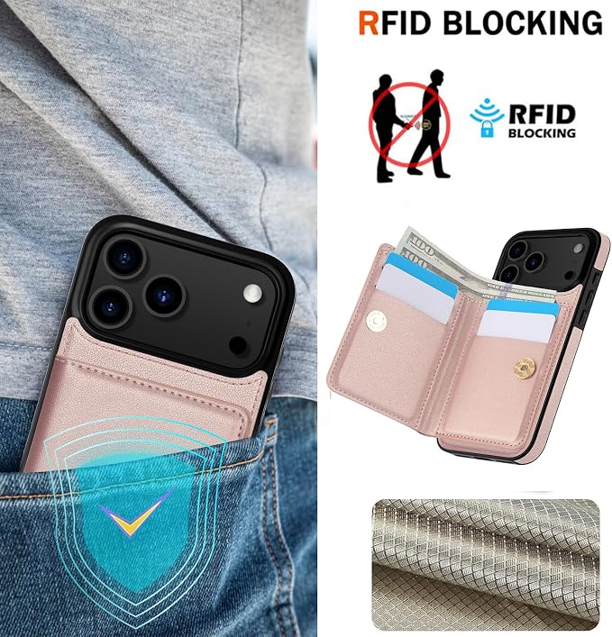 LOHASIC for iPhone 17 Pro Max Case Wallet with Card Holder, 360° Rotation Ring, RFID Blocking, 5 Card Slots, PU Leather 6.9" Cover for Apple 17 Pro Max Men Women, Rose Gold