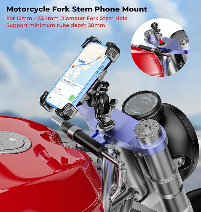 VAZESWIN Motorcycle Fork Stem Phone Mount with Vibration Dampener, Motorcycle Cell Phone Holder with Aluminum Alloy Anti-Theft Short Arm, Fit 12mm to 25.4mm Diameter Stem Tubes, for 5.5"-7.2" Phones