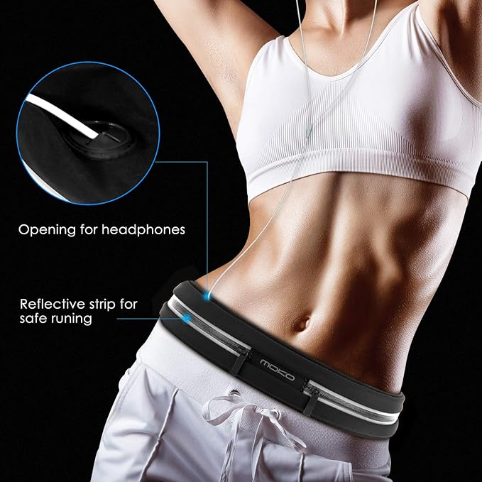 MoKo Sports Running Belt,Outdoor Dual Pouch Sweatproof Reflective Slim Waist Pack,Fitness Workout Belt Fanny Pack Compatible with iPhone 11/11 Pro Max/X/Xr/Xs Max/8/7, Galaxy Note 10/10 Plus, S20/S10