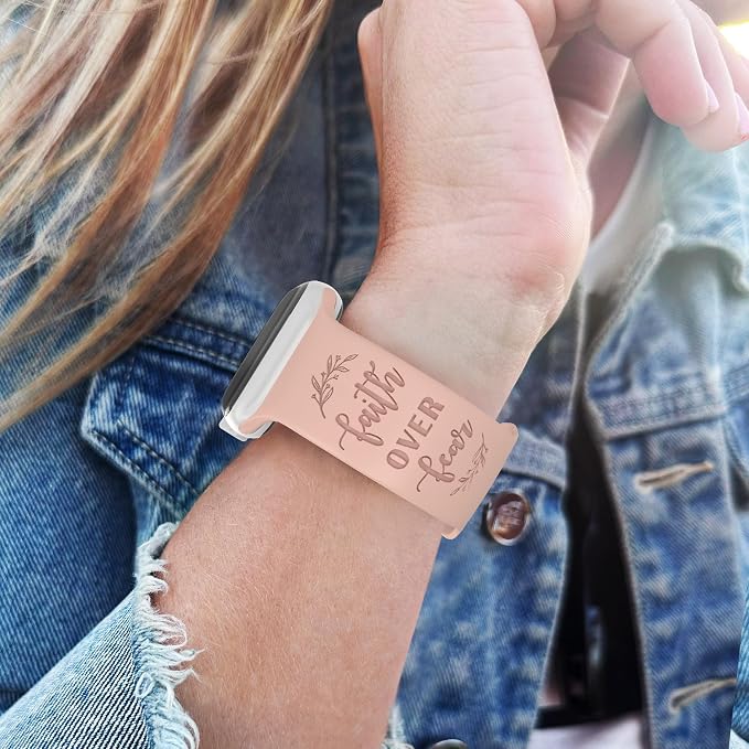 Faith Over Fear Watch Band compatible with Apple Watch Laser Engraved iWatch Band Silicone 38mm 40mm 41mm 42mm 44mm 45mm 49mm Strap Jesus Psalm Christian God (38/40/41/42mm S/M, Pink Sand)