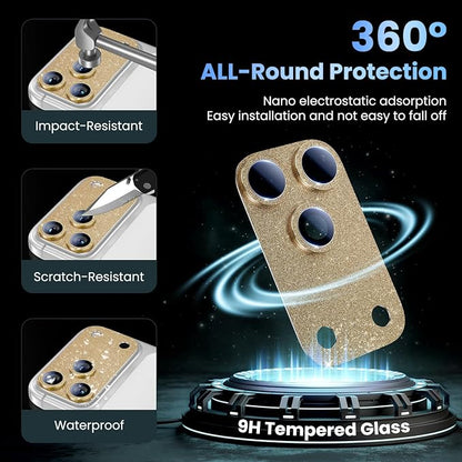 Uyiton for iPhone 17-Pro-Max Camera-Lens Protector: Bling [Not Easy to Break][Strong Adsorption][Case-Friendly] Metal Tempered Glass Rear Camera Screen Cover - Glitter Gold
