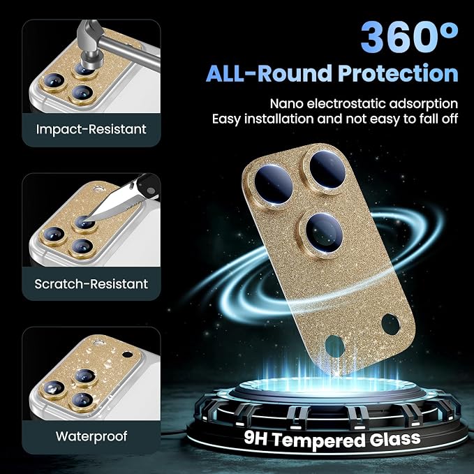 Uyiton for iPhone 17-Pro Camera-Lens Protector: Bling [Not Easy to Break][Strong Adsorption][Case-Friendly] Metal Tempered Glass Rear Camera Screen Cover - Glitter Gold
