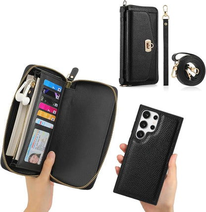 LITOU Compatible for Samsung Galaxy S26 Plus Crossbody Phone Case,Detachable Magnetic,Card Holder,Zipper Leather Wallet Wrist Lanyard Strap Case for Women Men.Black