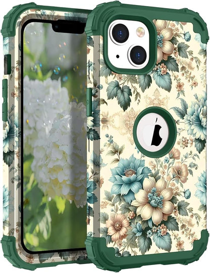 Hocase for iPhone 14 Plus Case, Heavy Duty Shockproof Protection Soft Silicone Rubber+Hard Plastic Bumpers Hybrid Protective Case for iPhone 14 Plus 6.7" 2022 - Teal Blue Flowers
