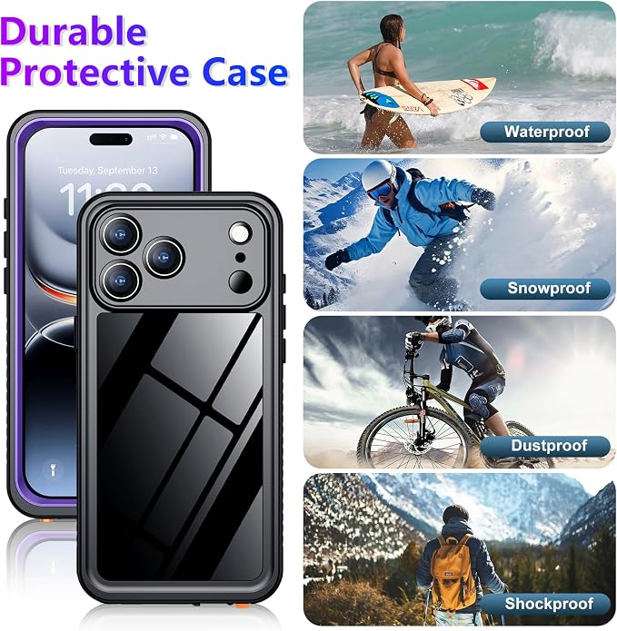 Temdan Compatible with iPhone 17 Pro Case,Waterproof Built-in Screen & Camera Protector IP68 Underwater Full Body 17FT Military Dropproof Shockproof Phone Case 6.3"-Purple/Clear