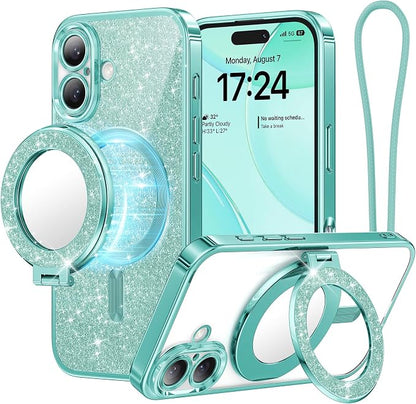 Meifigno Magnetic Case with Removable Phone Ring Stand for iPhone 16 Plus, [Glitter Card & Wrist Strap] [MagSafe Compatible] [Built in Mirror] Magnetic Phone Ring Holder + 16 Plus Case Kit, Teal