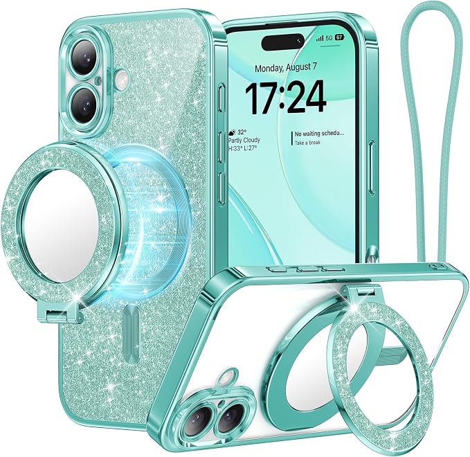 Meifigno Magnetic Case with Removable Phone Ring Stand for iPhone 16 6.1", [Glitter Card & Wrist Strap] [MagSafe Compatible] [Built in Mirror] Magnetic Phone Ring Holder + 16 Case Kit, Teal
