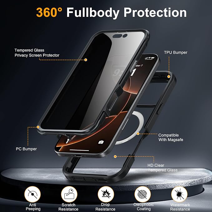 ANTSHARE for iPhone 16 Pro Max Case, with [Built-in Privacy Screen Protector] [Compatible with MagSafe], Anti-Peeping Magnetic Adsorption Full Body Double Protective Case for iPhone 16 Pro Max, Black