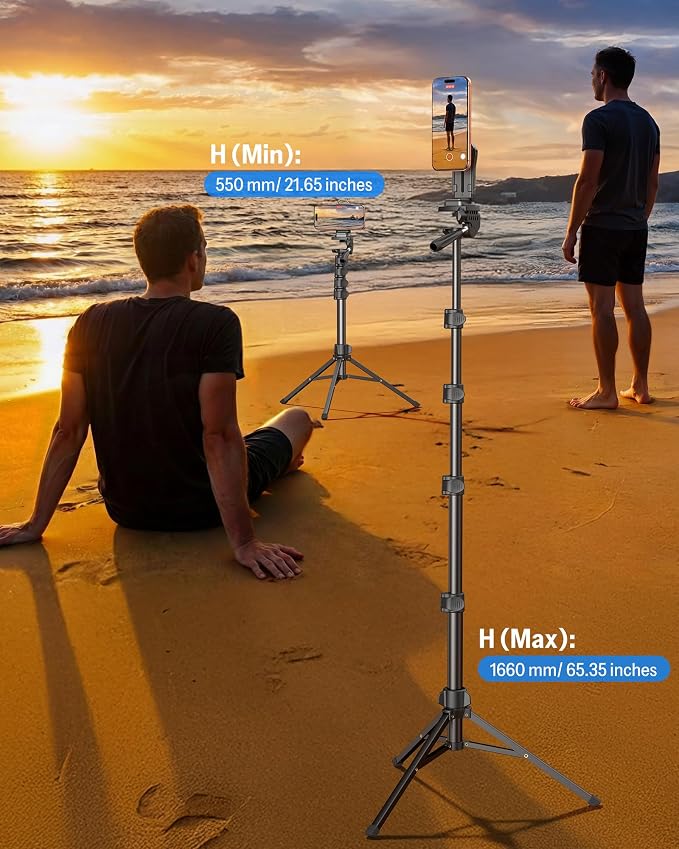 OMOTON TS01 65" Magnetic Phone Tripod for iPhone & Camera, Cell Phone Stand with Remote, Stable Height Adjustable Multi-Angle Shot Selfie Stick Tripod for Video Recording, Live Streaming, Black Set