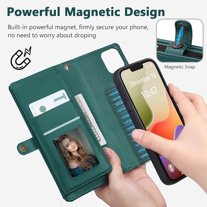Wallet Case for iPhone 14 Plus with Card Holder/Crossbody Wallet/Strap| RFID Blocking | Magnetic | Kickstand | Detachable | PU Leather Phone Case for iPhone 14 Plus,6.7 in,Green