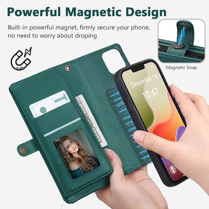 Wallet Case for iPhone 14 Plus with Card Holder/Crossbody Wallet/Strap| RFID Blocking | Magnetic | Kickstand | Detachable | PU Leather Phone Case for iPhone 14 Plus,6.7 in,Green