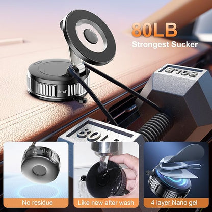 Magnetic Phone Holder for Car, 360° Adjustable Vacuum Car Phone Holder for Magsafe, 80+LBS Suction Phone Mount for Car Dash/Windshield/Screen, Phone Holders for Your Car for iPhone 17 16 15 14 13 12