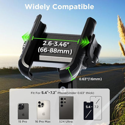 Bike Phone Mount Holder No Block Camera Motorcycle Cell Phone Holder Quick Lock 360° Rotate for iPhone 16 Pro Max for Samsung S25 Ultra 5.4''-7.2'' Smartphone