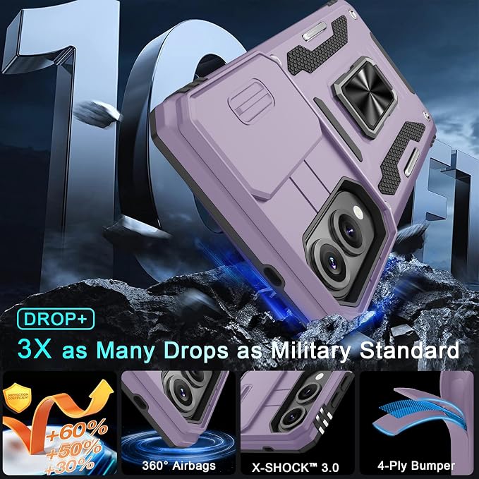 DEERLAMN Case for Samsung Galaxy S25 Edge with Slide Camera Cover+Screen Protector (1 Pack), Rotated Ring Kickstand Military Grade Shockproof Protective Cover-Deep Purple