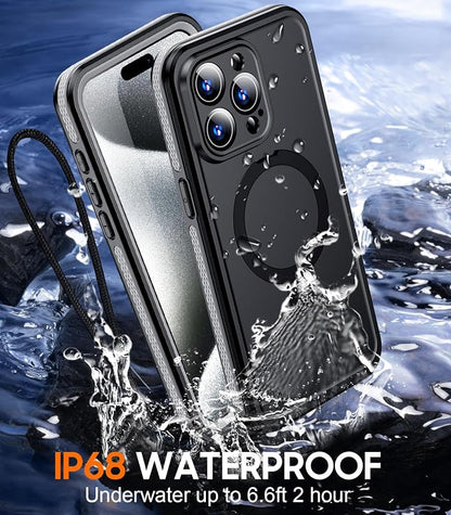 Temdan Magnetic for iPhone 15 Pro Case Waterproof, [Built-in Ring Invisible Stand & Screen Protector][IP68 Underwater][Dropproof][Dustproof][Real 360] Shockproof Protective Phone Case 6.1'' -Gray