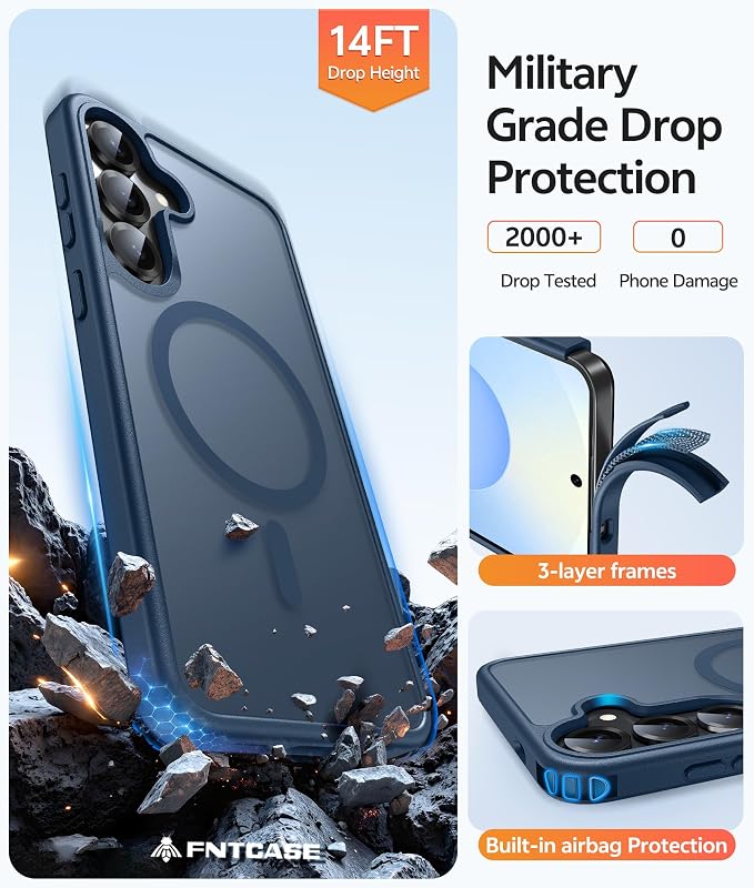 FNTCASE for Samsung Galaxy S25/S24 Plus Case, Fit Magsafe, Screen Protector | Translucent Matte Magnetic Back, 14FT Military Grade Drop Protection, Shockproof Protective Phone Cover, Blue