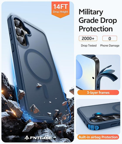 FNTCASE for Samsung Galaxy S25/S24 Plus Case, Fit Magsafe, Screen Protector | Translucent Matte Magnetic Back, 14FT Military Grade Drop Protection, Shockproof Protective Phone Cover, Blue