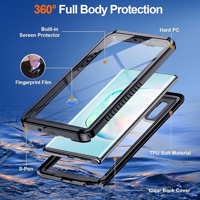 Hualele for Samsung Galaxy Note 10 Plus Case Waterproof, Built in Lens & Screen Protector Rugged Full Body Protective Military Grade IP68 Underwater Cover Case for Galaxy Note 10+ Plus Black