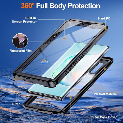 Hualele for Samsung Galaxy Note 10 Plus Case Waterproof, Built in Lens & Screen Protector Rugged Full Body Protective Military Grade IP68 Underwater Cover Case for Galaxy Note 10+ Plus Black