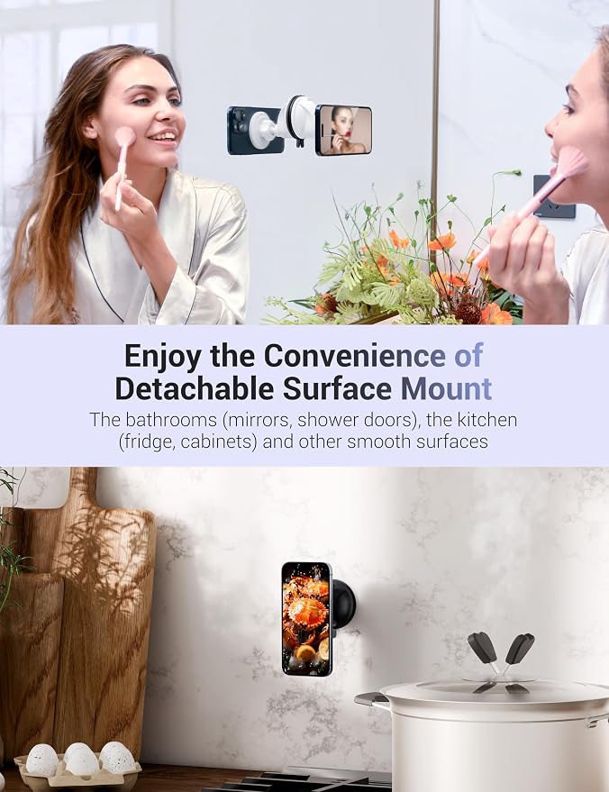 PROfezzion Multi-Surface Suction Mount Detachable Magnetic Phone Holder for Mirror Shower Bathroom Kitchen Window Videos Compatible with MagSafe iPhone 17 16 15 14 13 12 Pro Max & All Phones - Black