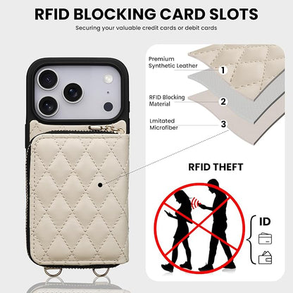 Keallce Case for iPhone 17 Pro 6.3'' Wallet Case, Crossbody Zipper Purse with Wrist Strap Lanyard Handbag, RFID Blocking Card Holders, Kickstand Flip Leather Cover for iPhone 17 Pro, Beige