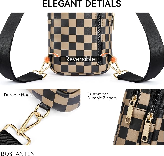 BOSTANTEN Sling Bag Quilted Crossbody Bags for Women Cross Body Purse Leather Fanny Pack with Adjustable Guitar Strap