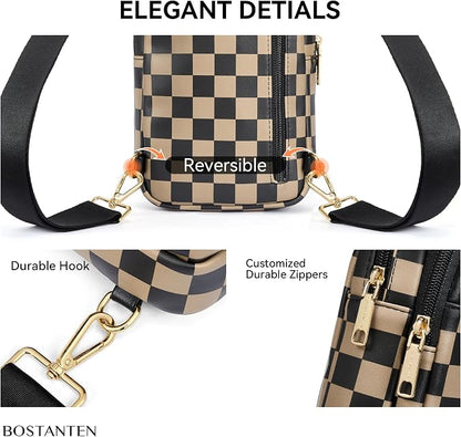 BOSTANTEN Sling Bag Quilted Crossbody Bags for Women Cross Body Purse Leather Fanny Pack with Adjustable Guitar Strap