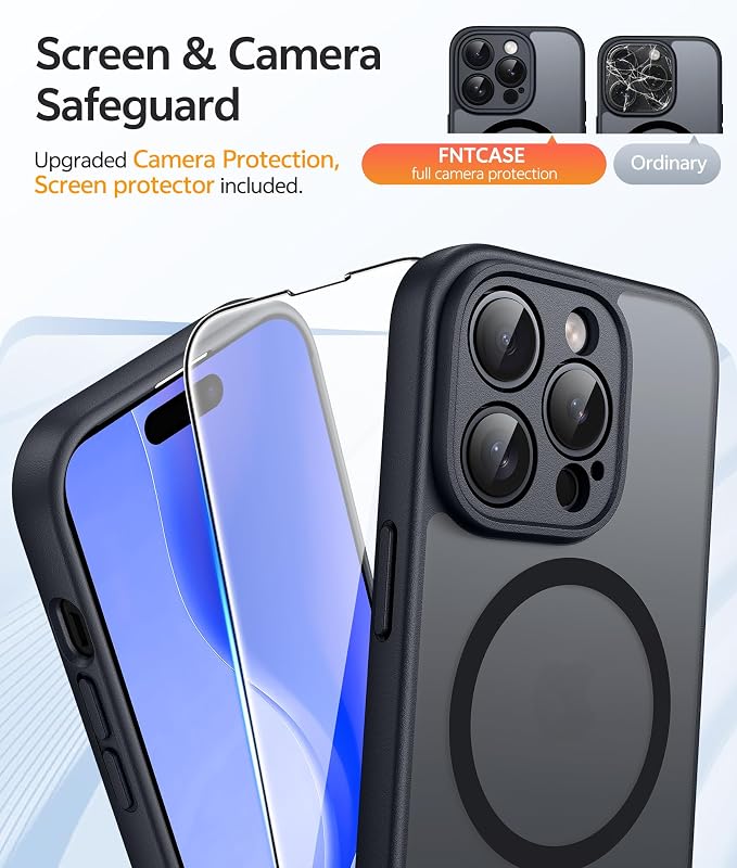 FNTCASE for iPhone 14 Pro Max Case: Magnetic Translucent Matte Slim Cases [Tempered Glass Screen Protector] [Full Camera Protection] Military Grade Shockproof Protective Phone Cover - Black