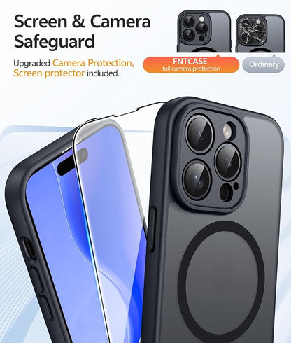 FNTCASE for iPhone 14 Pro Max Case: Magnetic Translucent Matte Slim Cases [Tempered Glass Screen Protector] [Full Camera Protection] Military Grade Shockproof Protective Phone Cover - Black