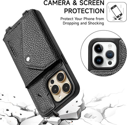 LUCKYCOIN for iPhone 15 Pro Max Crossbody Wallet Case – Genuine Leather Phone Purse with Adjustable Strap and Card Holder,Lanyard Phone Purse Case for Women,Pebble Grain Black