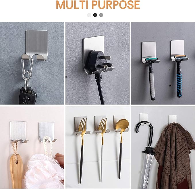 Luckyiren Razor Holder Shaver Hook Hanger Stand for Shower (6 Pack) Self Adhesive Stainless Steel Heavy Duty Utility Storage, Bathroom Kitchen Organizer for Plug Robe Towel Loofah Bathrobe Coat