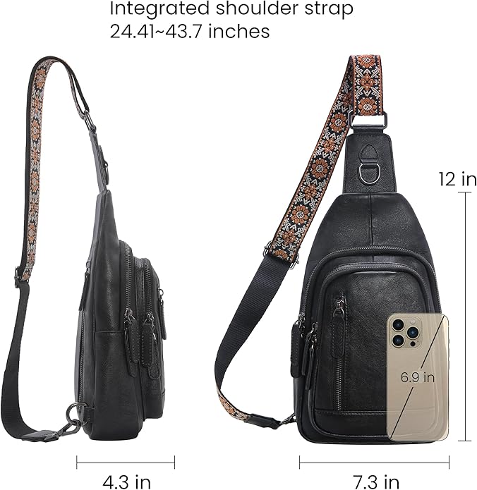 HESHE Leather Sling Bag for Women Crossbody Bags with Multi-Pocket Stylish Fanny Packs for Travel Chest Bag