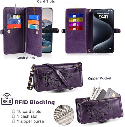 Lacass for iPhone 16 Plus Case Wallet,[Cards Theft Scan Protection] Card Holder Zipper Leather Flip Cover Crossbody Wrist Strap with Stand (Floral Dark Purple)