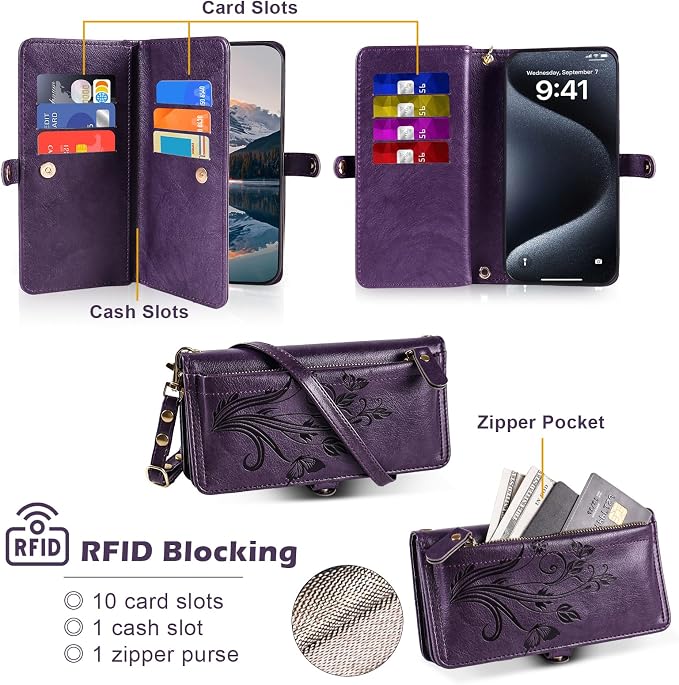 Lacass for iPhone 17 Pro Case Wallet,[Cards Theft Scan Protection] Card Holder Zipper Leather Flip Cover Crossbody Wrist Strap with Stand (Floral Dark Purple)