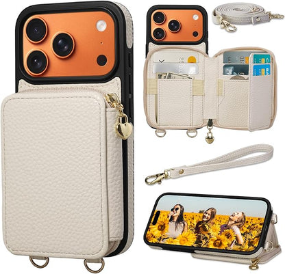 Keallce Case for iPhone 17 Pro 6.3'' Case Wallet, Crossbody Zipper Purse with RFID Blocking Card Slots Kickstand, Lanyard & Handstrap Flip Folio Leather Phone Cover for iPhone 17 Pro, Beige