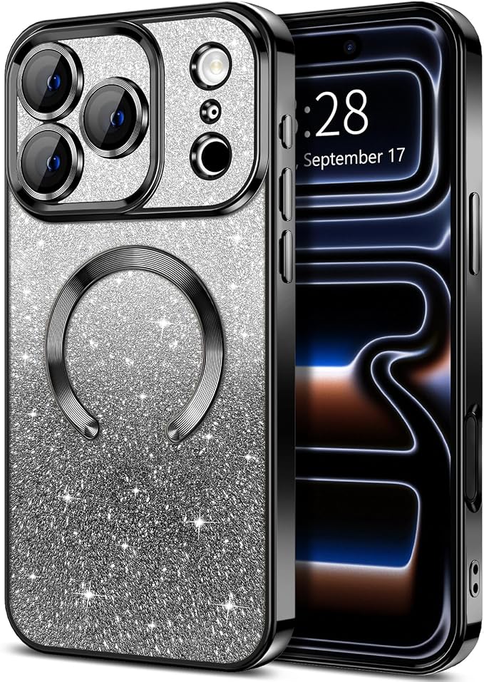 Hython for iPhone 17 Pro Max Case Glitter Clear Magnetic Phone Cases [Compatible with MagSafe] Full Camera Lens Protector Sparkle Luxury Plating Slim Shockproof Protective Cover Women, Gradient Black