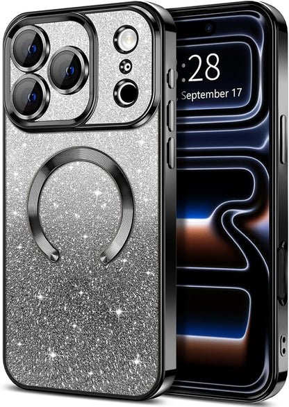 Hython for iPhone 17 Pro Max Case Glitter Clear Magnetic Phone Cases [Compatible with MagSafe] Full Camera Lens Protector Sparkle Luxury Plating Slim Shockproof Protective Cover Women, Gradient Black