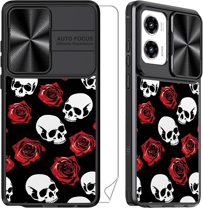for Motorola Moto G Stylus 5G 2024 Case with Red Rose Skull, Metal Slide Camera Cover, Screen Protector, Anti-Peeping Privacy Safeguard, Camera Lens Protector Phone Case for Moto G Stylus 5G 2024