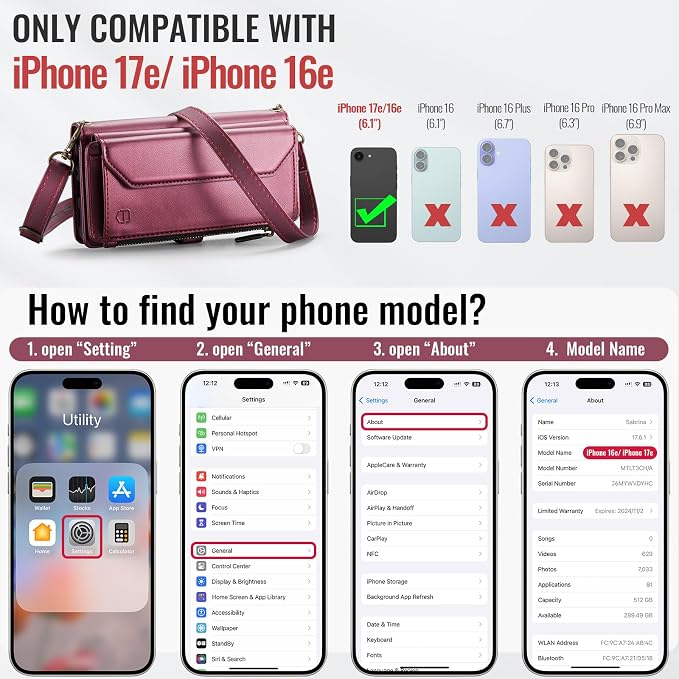 Strapurs Crossbody Wallet Case Compatible with iPhone 17e / iPhone 16e RFID Blocking 7-Card Holder PU Leather Magnetic Snap Shoulder Strap Zipper Pocket Phone Cases for iPhone 17e / 16e - Wine Red