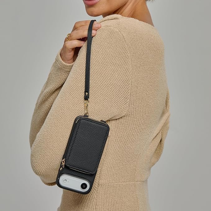 ZVE for iPhone Air Wallet Case with Card Holder, Zipper Crossbody Purse with Wrist Strap for Women 6.5" Black