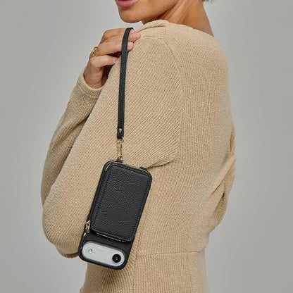ZVE for iPhone Air Wallet Case with Card Holder, Zipper Crossbody Purse with Wrist Strap for Women 6.5" Black