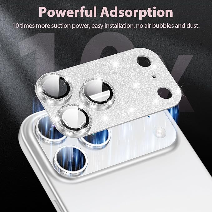 for iPhone 17 Pro Max Camera Lens Protector [Anti-Scratch] [Ultra HD Clear] [Strong Adhesion] Metal Aluminum Alloy Tempered Glass Camera Screen Cover(Silver Glitter)