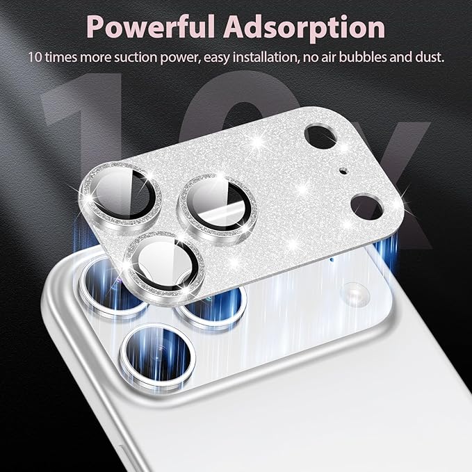 for iPhone 17 Pro Camera Lens Protector [Anti-Scratch] [Ultra HD Clear] [Strong Adhesion] Metal Aluminum Alloy Tempered Glass Camera Screen Cover(Silver Glitter)